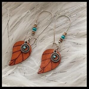 ₊˚✮ ༉ Bohemian Fall Leaf-Shaped Wooden Earrings w/ Brass & Turquoise